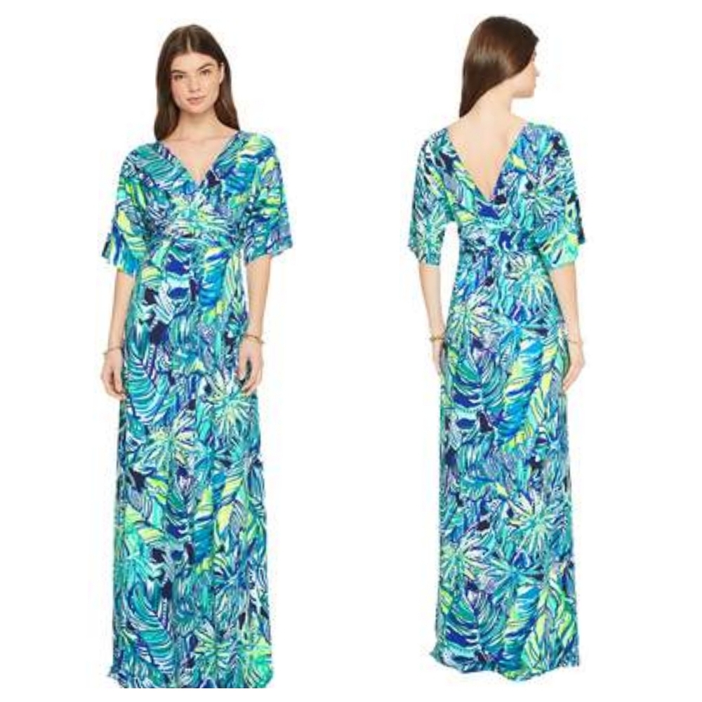 LILLY PULITZER Parigi Maxi Dress in Armadilly Dally Print Bright Navy Green M